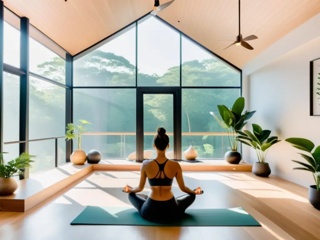 Persona practicando ejercicios de respiración consciente en un estudio de yoga moderno con vista a un bosque tranquilo