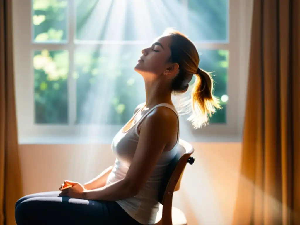 Persona realizando ejercicios de respiración para derrame pleural, con expresión calmada y concentrada, bajo la cálida luz del sol