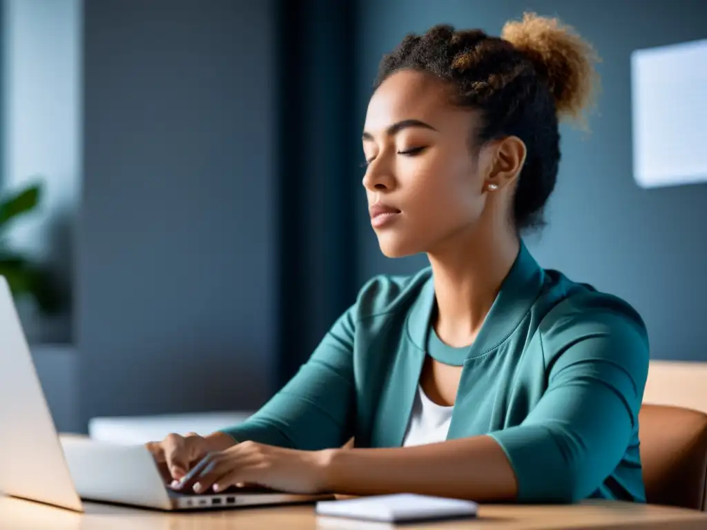 Persona realizando ejercicios de respiración en un entorno de tutoría virtual relajante con laptop y té