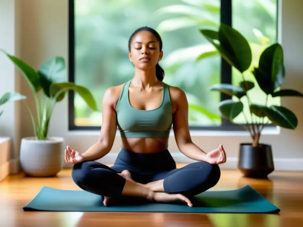 Una persona practica ejercicios de respiración para pánico en un entorno tranquilo y relajante con luz natural y plantas al fondo