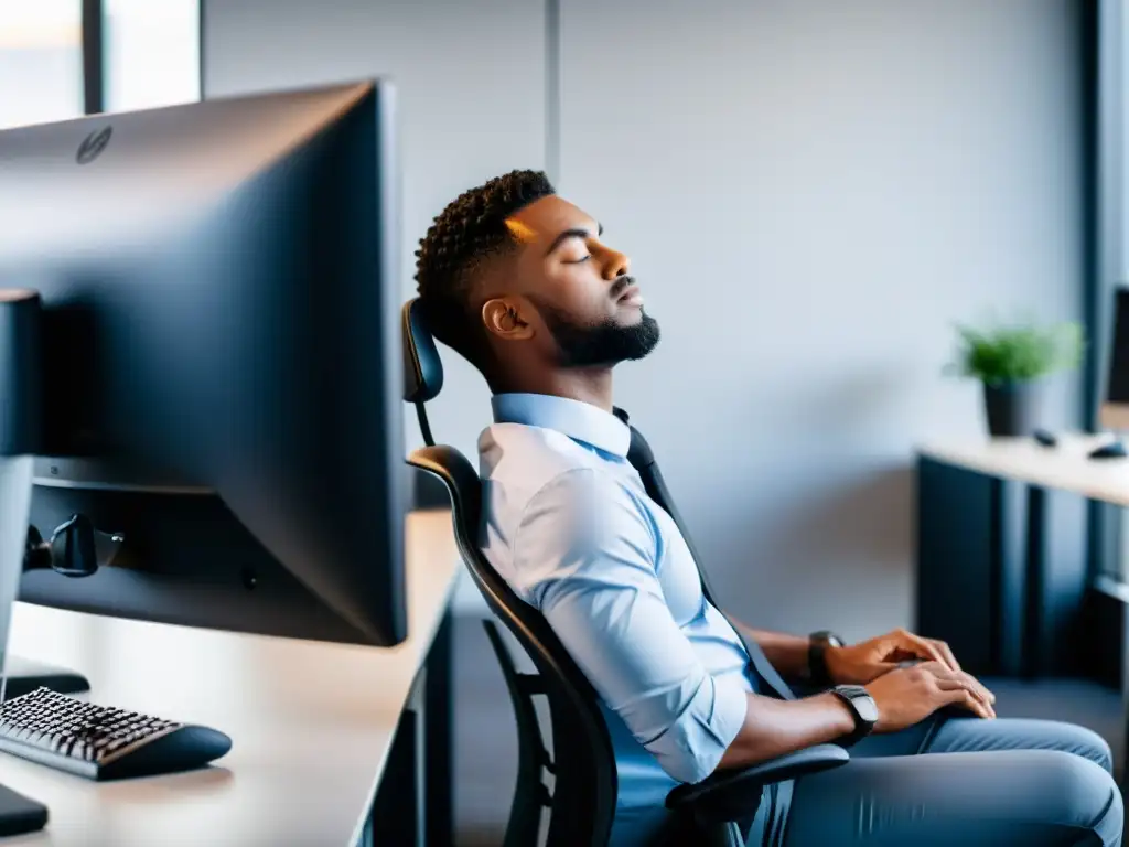 Persona practicando ejercicios de respiración en un entorno ergonómico de oficina, mostrando los beneficios ergonómicos de ejercicios respiración