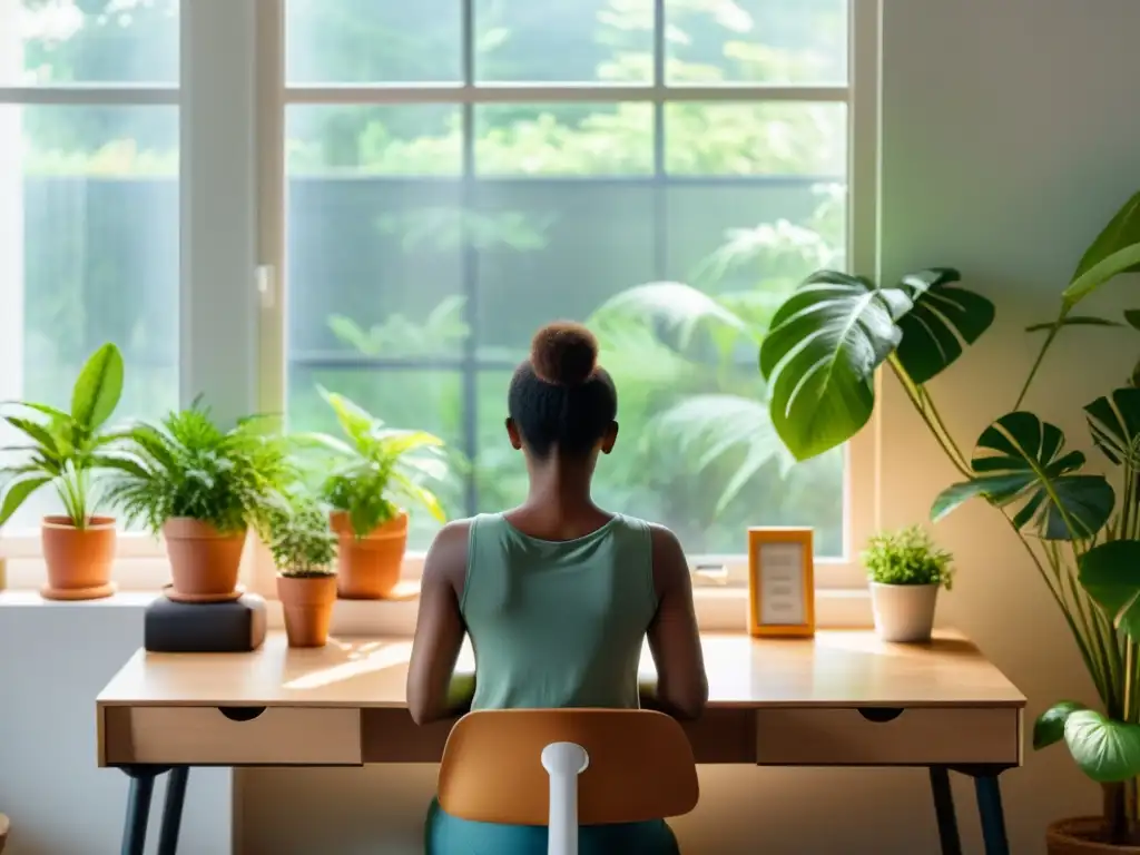 Persona practicando ejercicios de respiración en un escritorio ordenado con luz suave y ambiente tranquilo