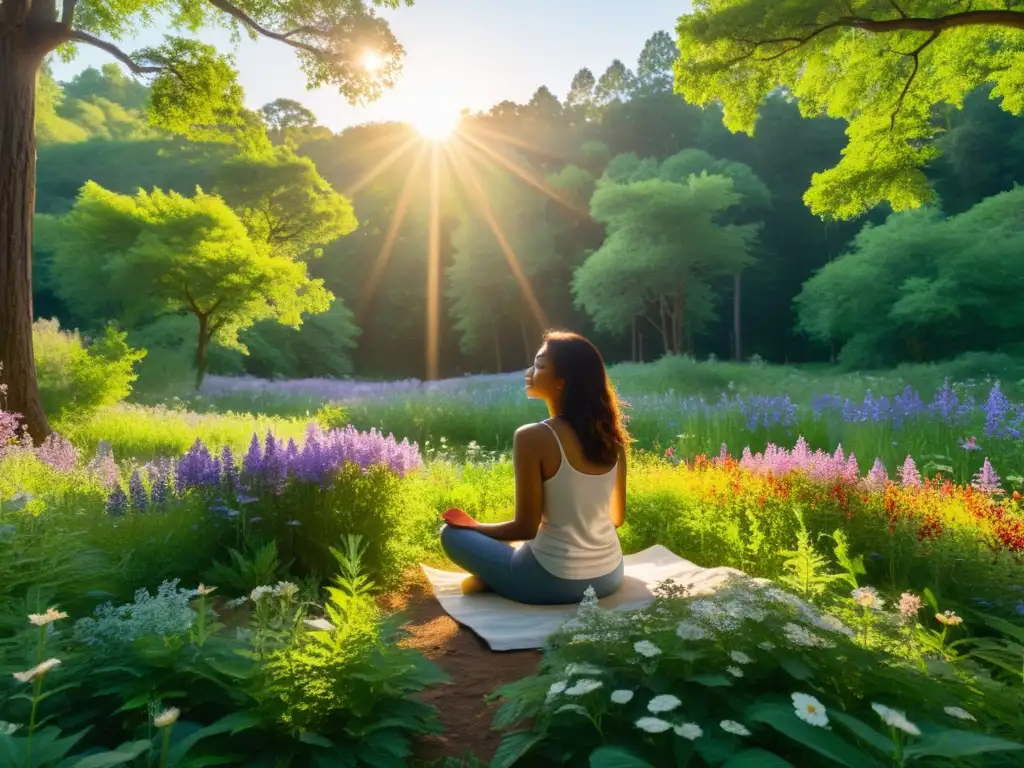 Serena meditación en el bosque soleado Persona practicando ejercicios de respiración para reducir estrés en un claro de bosque soleado y sereno, rodeado de exuberante vegetación y flores silvestres