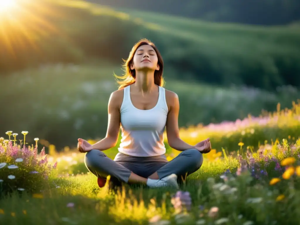 Meditación entre flores: respiración calmante al aire libre Persona practicando ejercicios de respiración para reducir estrés en un prado soleado entre flores silvestres, con energía calmante