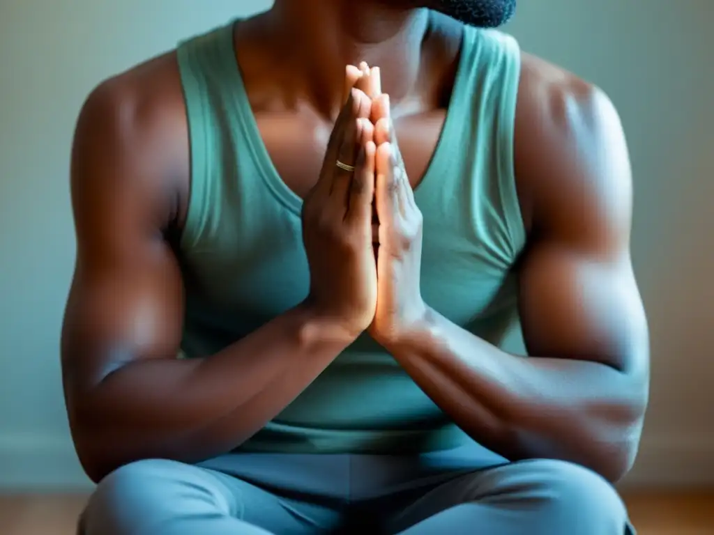 Serena meditación: respiración profunda y paz interior Persona practicando ejercicios de respiración para reducir estrés en un ambiente sereno y calmado, con luz suave y cálida