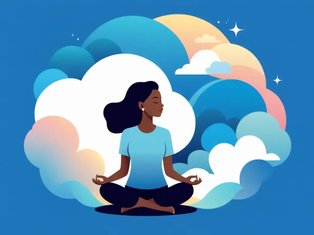 Meditación guiada: respiración profunda y calma en azul Persona practicando ejercicios de respiración para reducir estrés en ilustración serena y moderna, rodeada de aura azul calmante