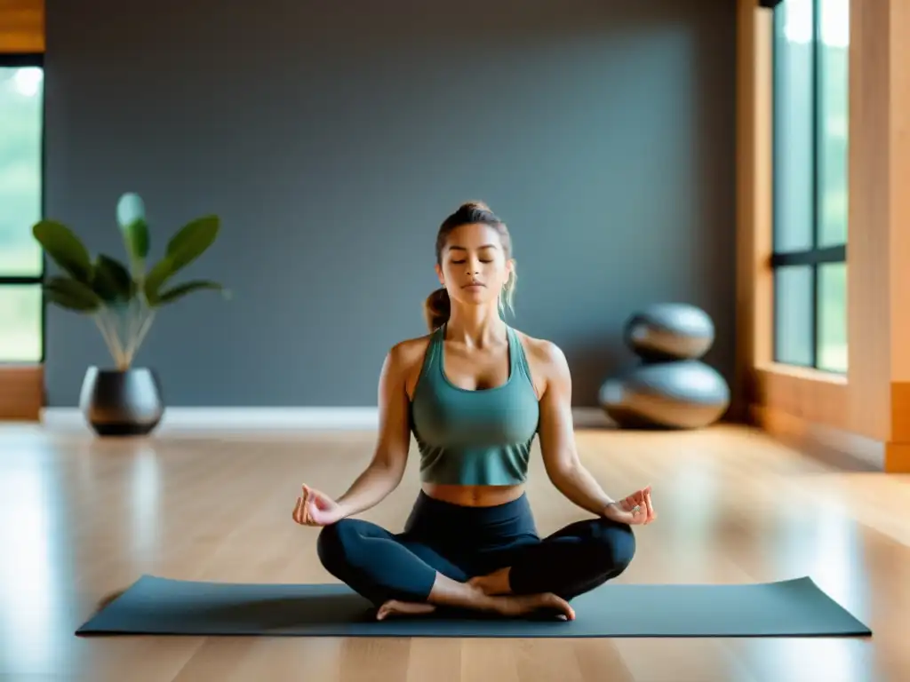 Persona practicando ejercicios de respiración en un estudio de yoga sereno y moderno, evocando la respiración como herramienta terapéutica