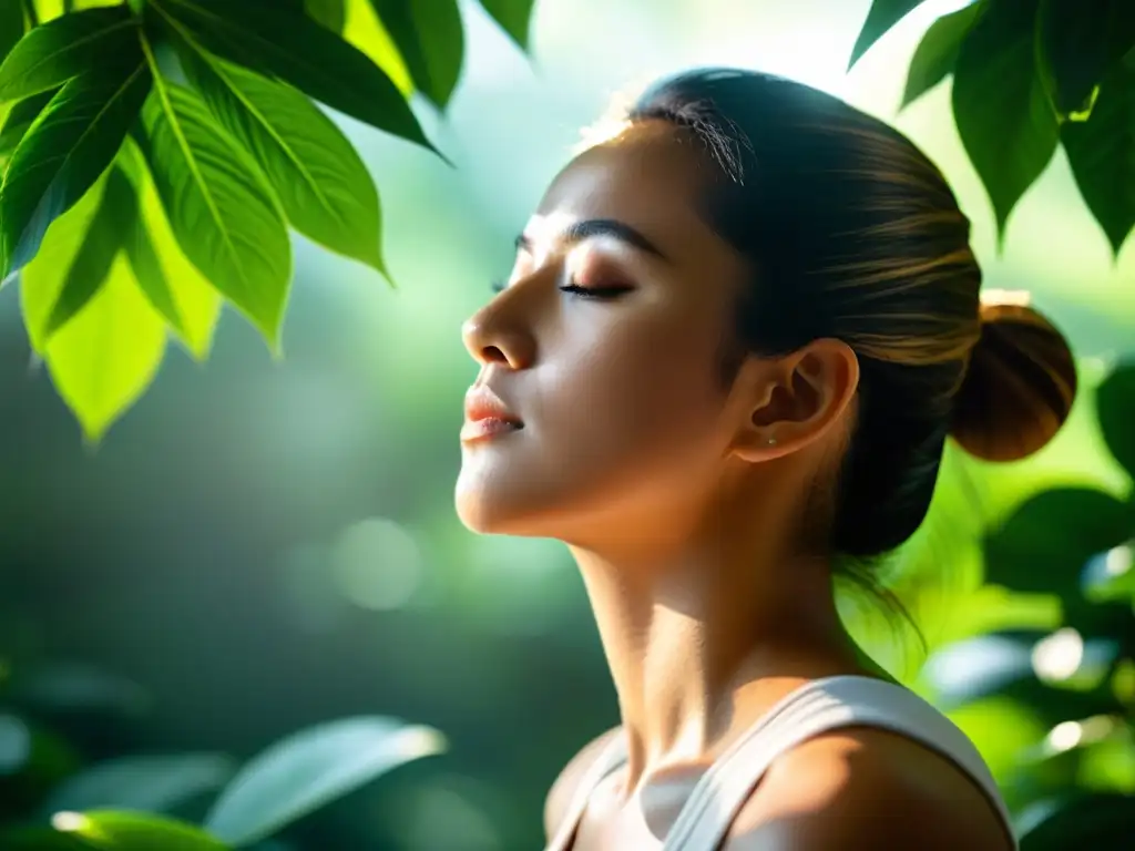 Persona practicando ejercicios de respiración entre exuberante vegetación, transmitiendo serenidad y bienestar