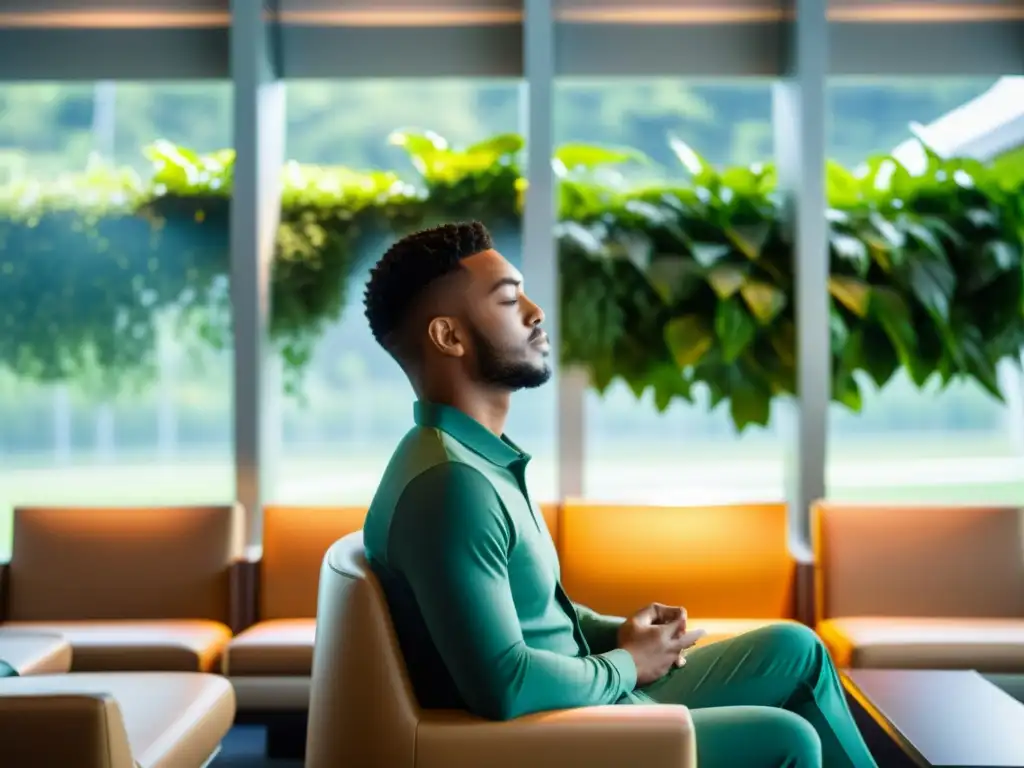 Persona practicando ejercicios de respiración en lounge moderno de aeropuerto, rodeada de vegetación, luz suave y tranquilidad