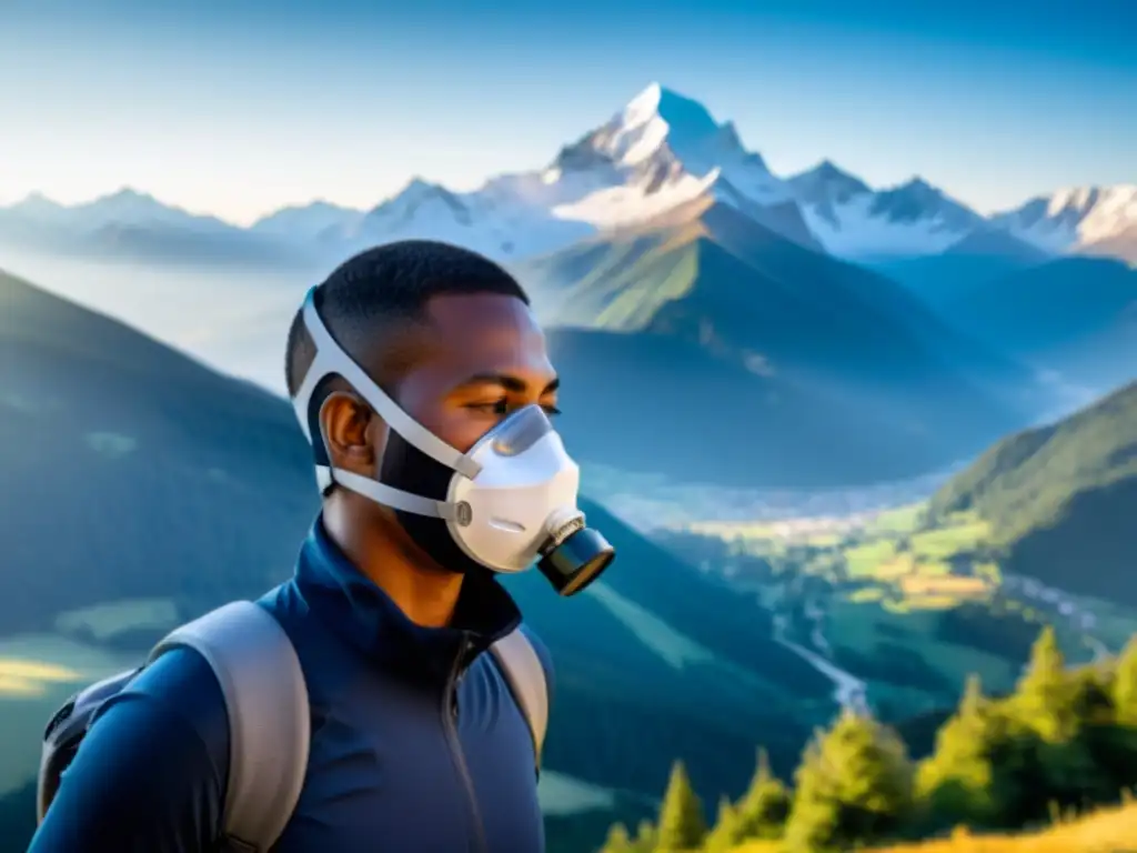 Persona realizando ejercicios de respiración con mascarilla, rodeada de majestuosas montañas nevadas