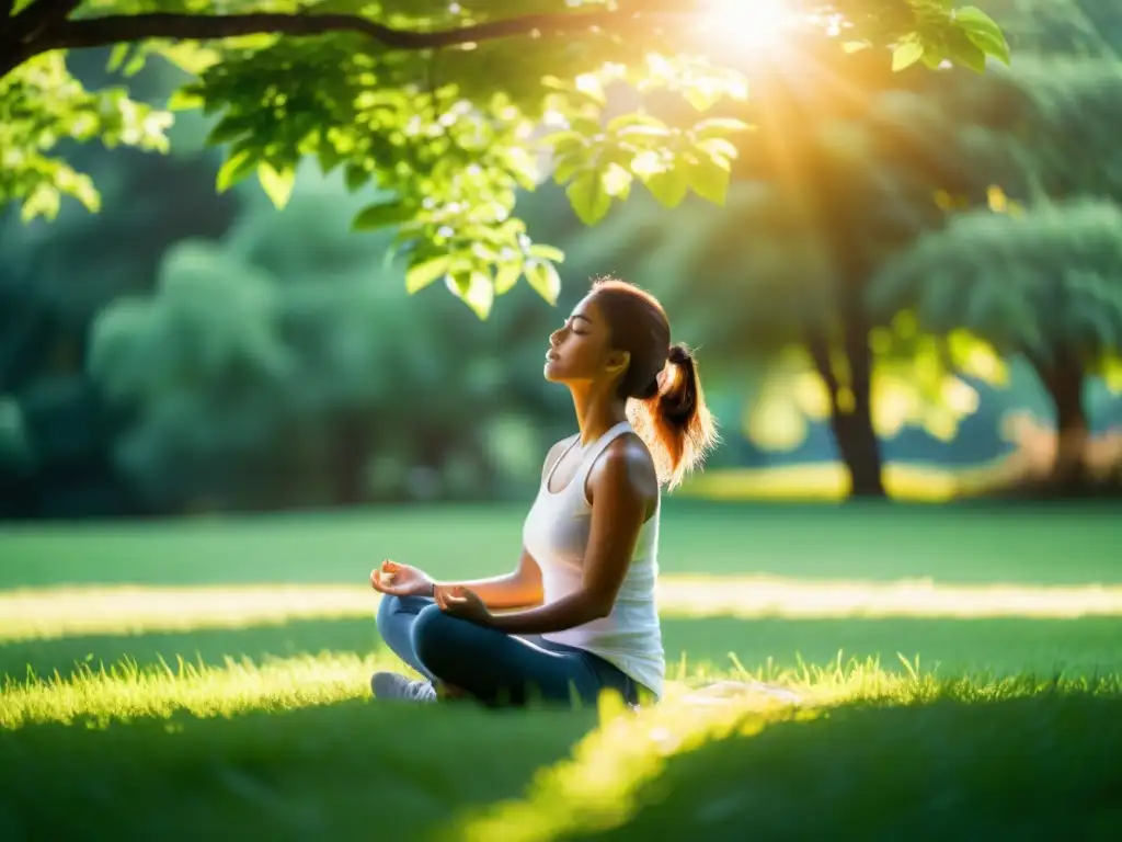 Persona practicando ejercicios de respiración para prevenir neumonía en un entorno natural sereno con árboles vibrantes y luz dorada filtrándose entre las hojas