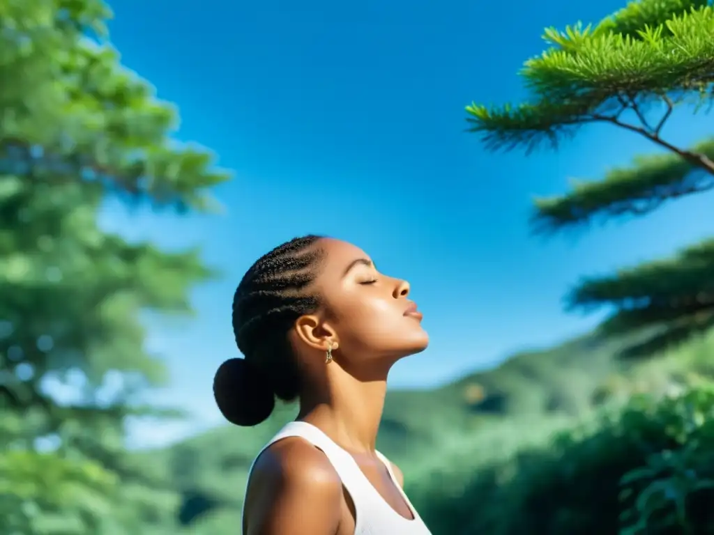 Una persona practica ejercicios de respiración profunda al aire libre, rodeada de exuberante vegetación y cielos despejados