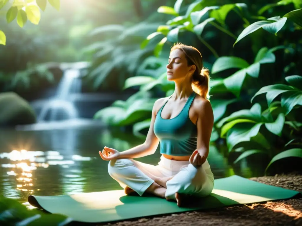 Persona practicando ejercicios de respiración profunda en un entorno natural, transmitiendo calma y paz