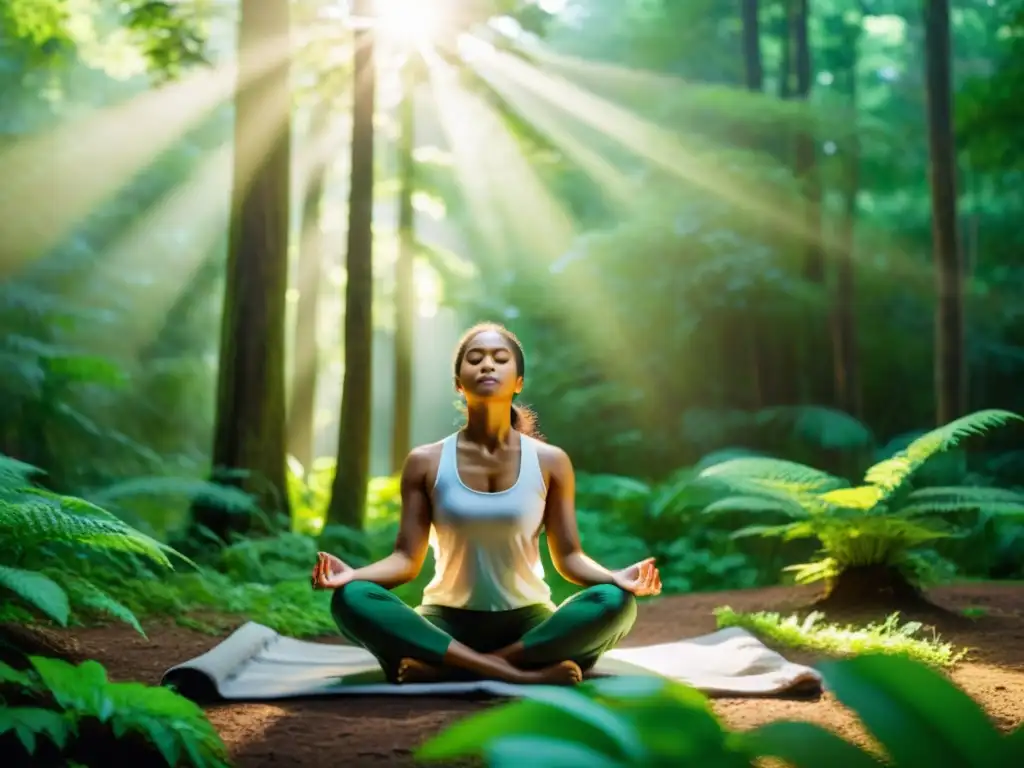 Persona practicando ejercicios de respiración profunda en un bosque exuberante