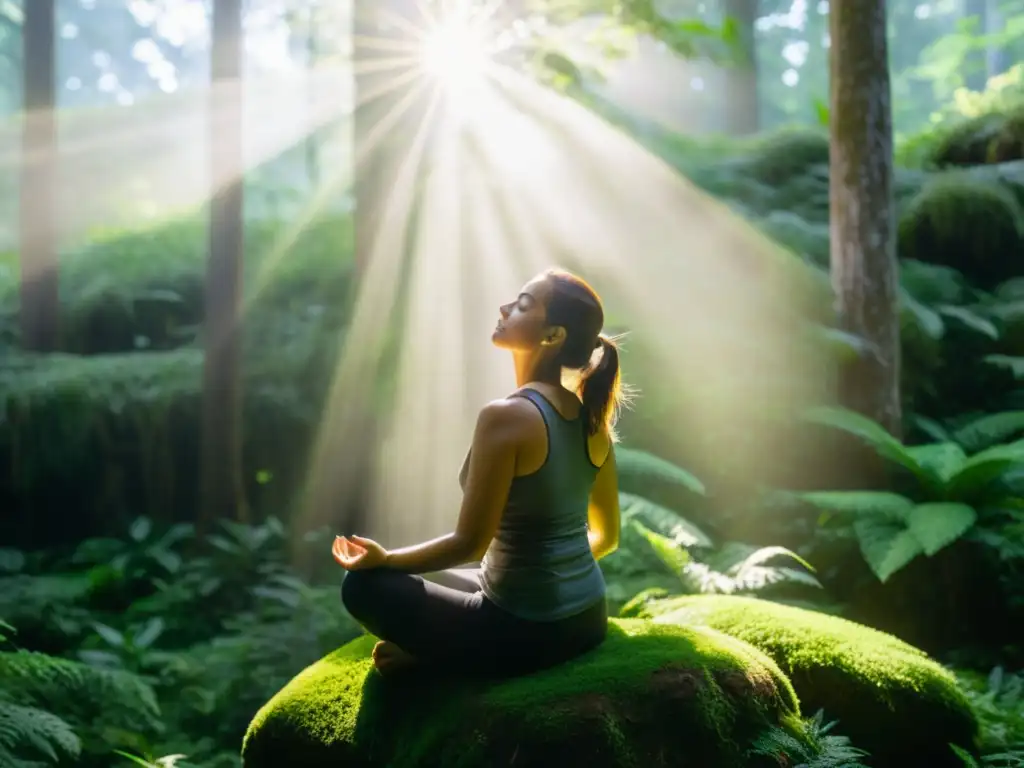 Persona practicando ejercicios de respiración profunda en un bosque exuberante, rodeada de árboles altos y luz solar