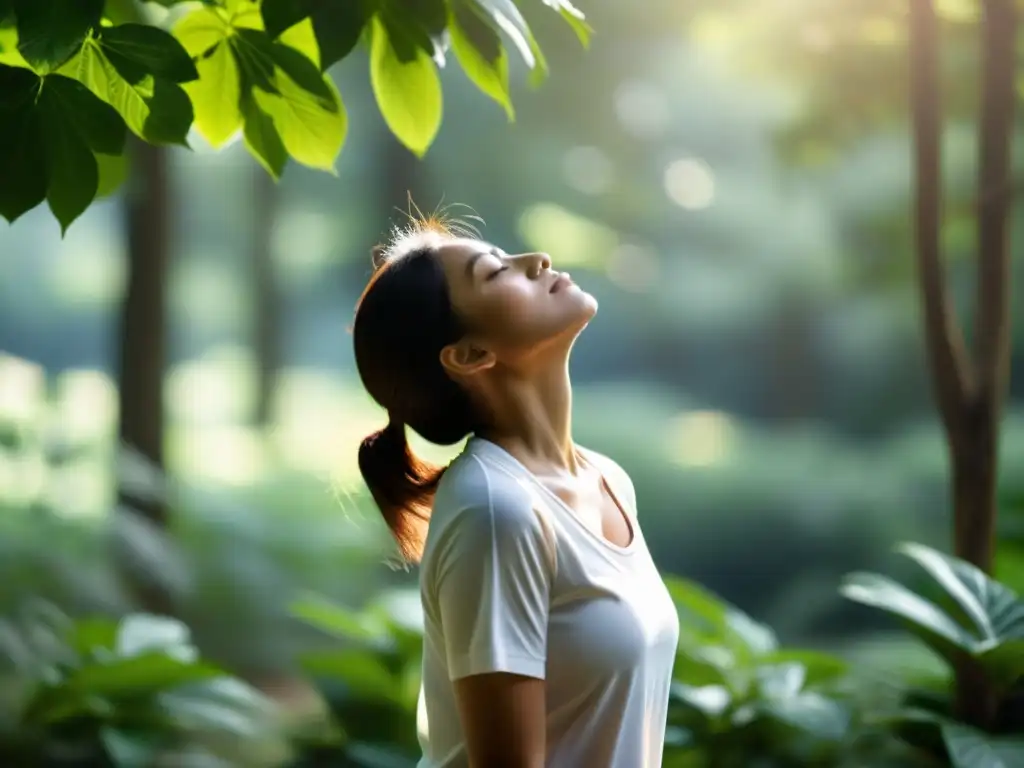 Persona practicando ejercicios de respiración profunda en la naturaleza, mostrando los beneficios del magnesio para la respiración