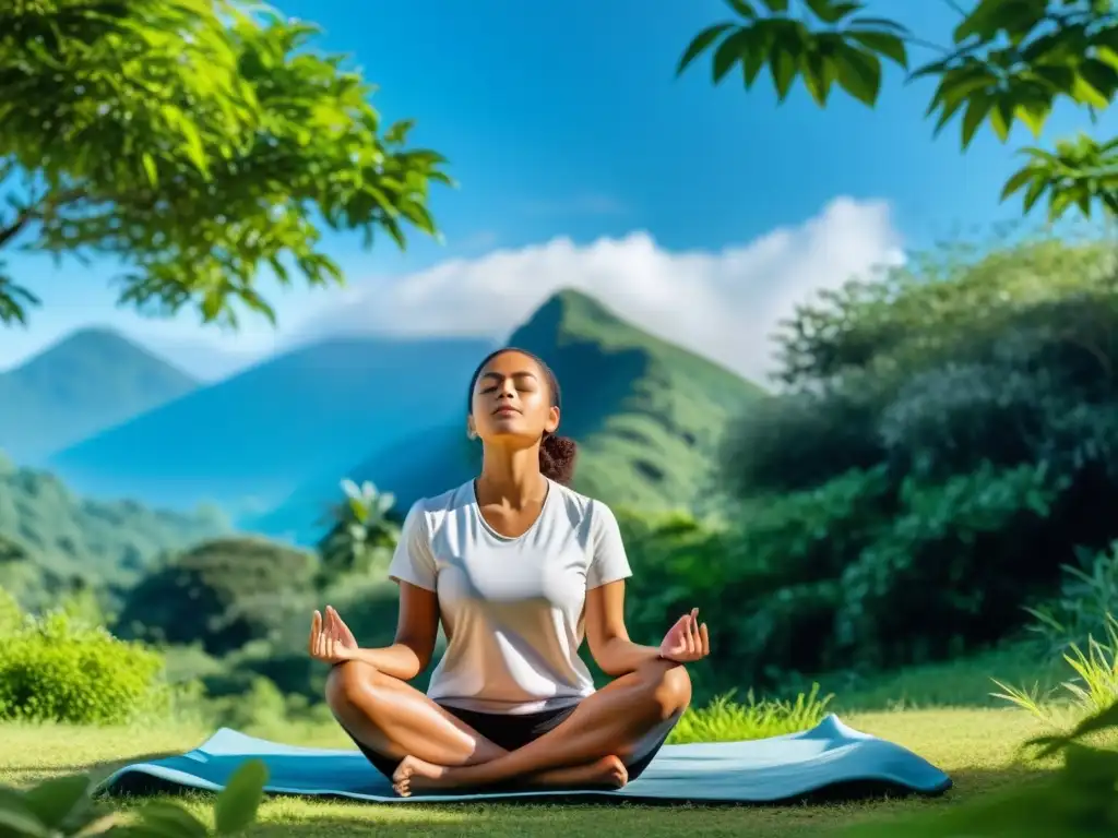 Persona practicando ejercicios de respiración profunda en un entorno natural sereno, rodeada de exuberante vegetación y cielos azules