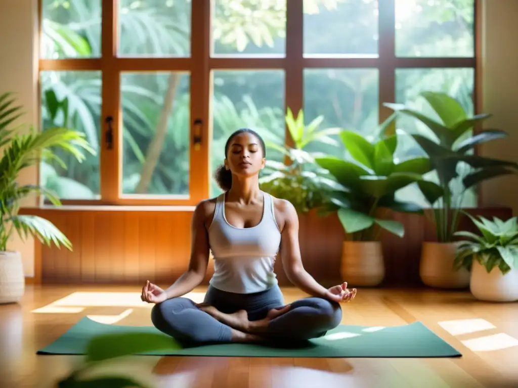 Persona practicando ejercicios de respiración profunda en un estudio de yoga sereno, rodeado de plantas y elementos de madera