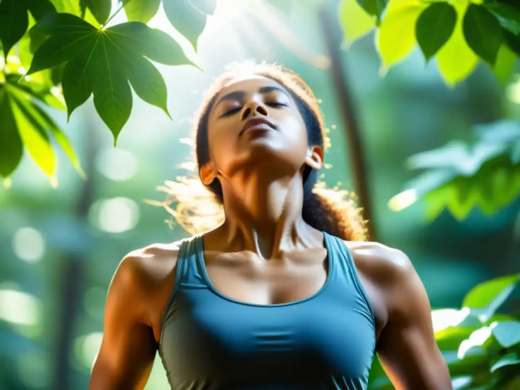 Persona practicando ejercicios de respiración profunda en un entorno natural, transmitiendo calma y bienestar