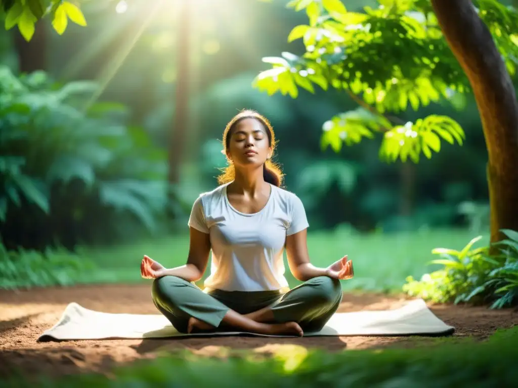 Persona practicando ejercicios de respiración profunda en un entorno natural tranquilo, rodeada de exuberante vegetación y luz solar