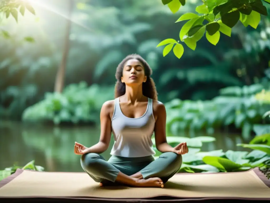 Persona practicando ejercicios de respiración profunda en un entorno natural y tranquilo, rodeada de exuberante vegetación y suave luz solar