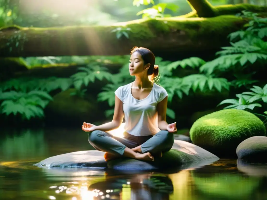 Persona practicando ejercicios de respiración profunda en un entorno natural tranquilo