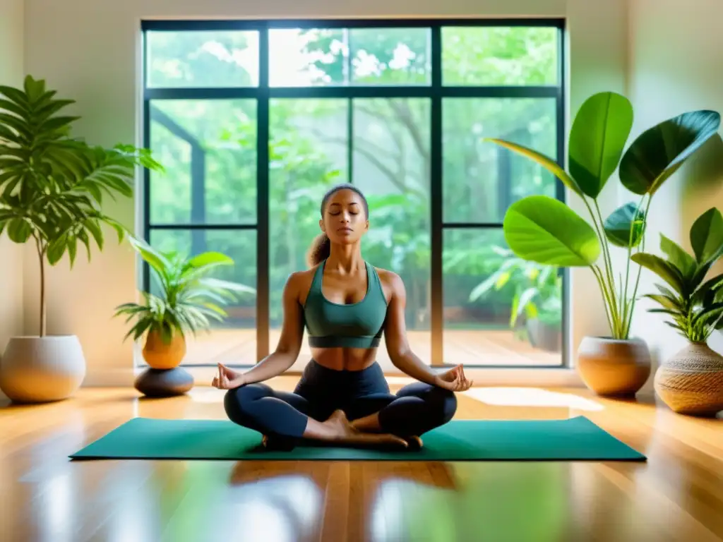 Persona practicando ejercicios de respiración en un salón moderno y sereno con plantas y decoración relajante