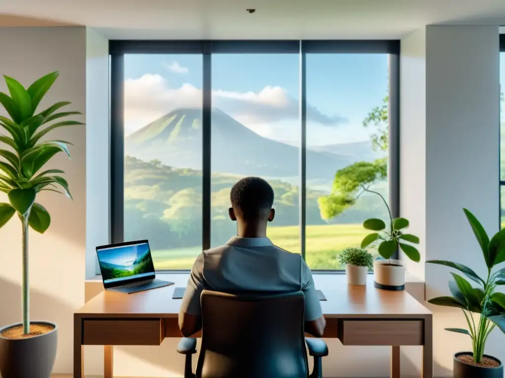 Persona realizando ejercicios de respiración para trabajo en una oficina serena con ventana panorámica y luz natural