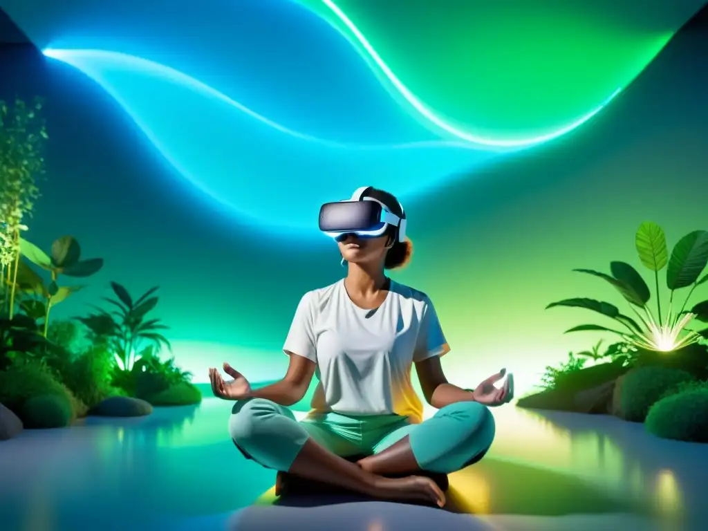 Persona practicando ejercicios respiratorios en ambiente virtual futurista y sereno, rodeada de luces azules y verdes