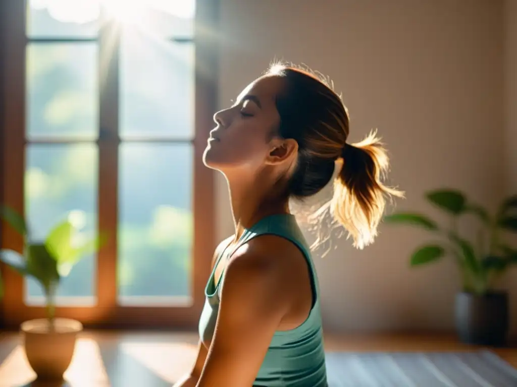 Persona practicando ejercicios respiratorios para una rápida recuperación de neumonía, con expresión tranquila y luz cálida