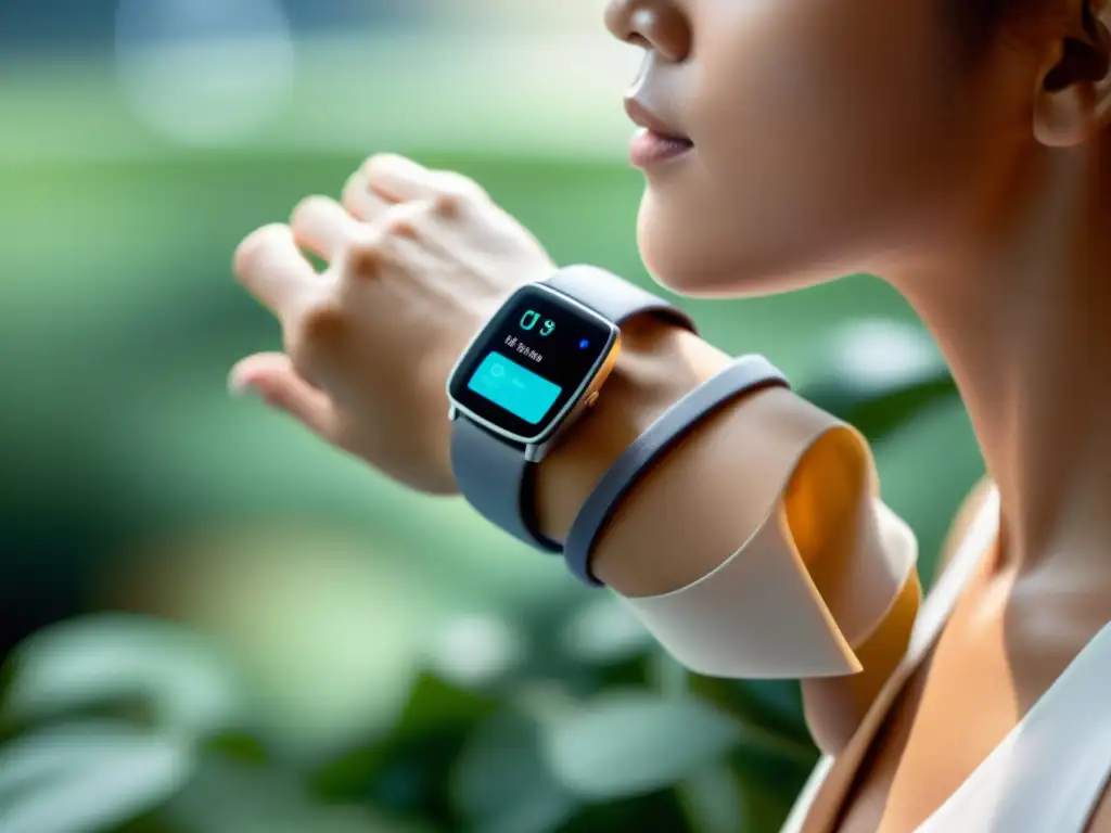 Dispositivo wearable mostrando datos respiratorios en actividad serena Una persona usa un elegante dispositivo portátil con datos de respiración en tiempo real