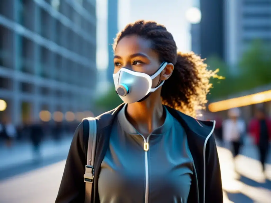 Una persona usando un elegante dispositivo respiratorio wearable en su vida diaria en la ciudad, representando estilo y practicidad