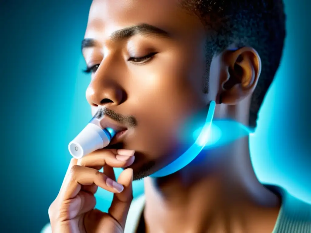 Una persona inhala profundamente desde un elegante inhalador, con luz suave iluminando su rostro