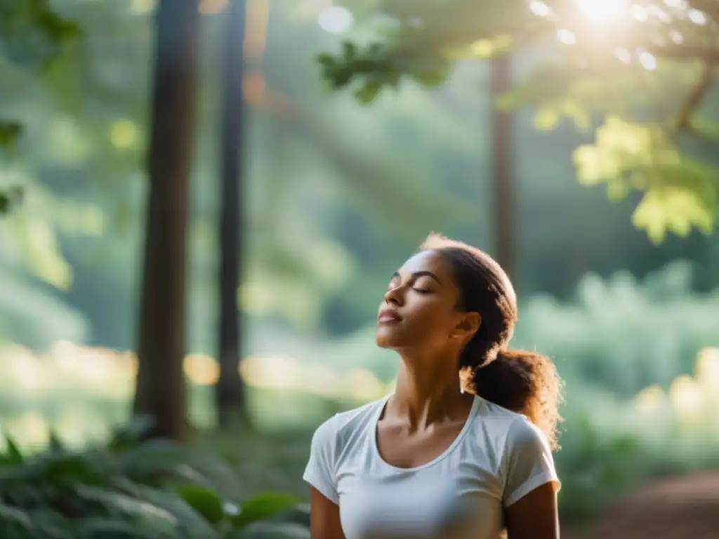 Empoderamiento a través de la respiración: Paz interior en la naturaleza Persona empoderada practicando técnicas de respiración para autoestima en un entorno natural sereno