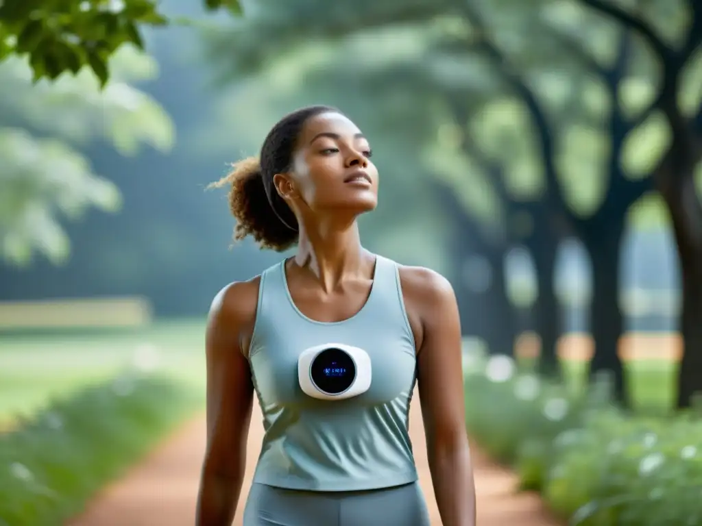 Una persona con enfermedad respiratoria crónica usa un dispositivo wearable moderno mientras disfruta de la naturaleza