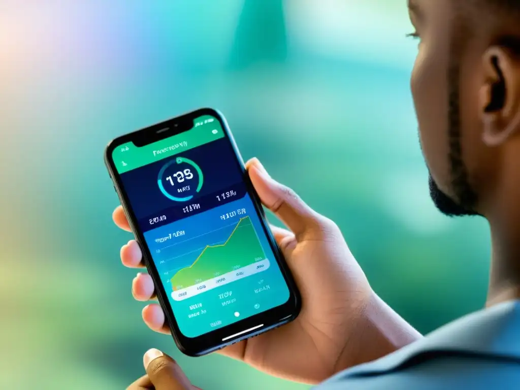 Persona enfocada usa app de mejoras en la salud respiratoria en smartphone con diseño moderno y colores calmantes
