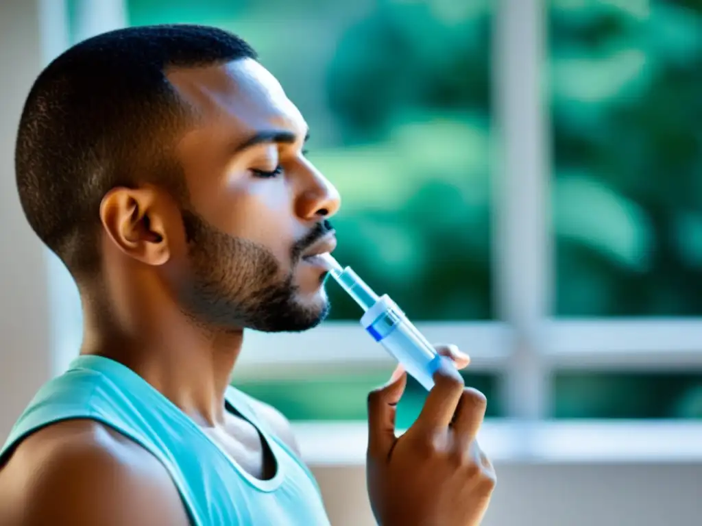 Una persona enfocada practicando ejercicios de respiración con un espirómetro en un entorno de atención médica sereno