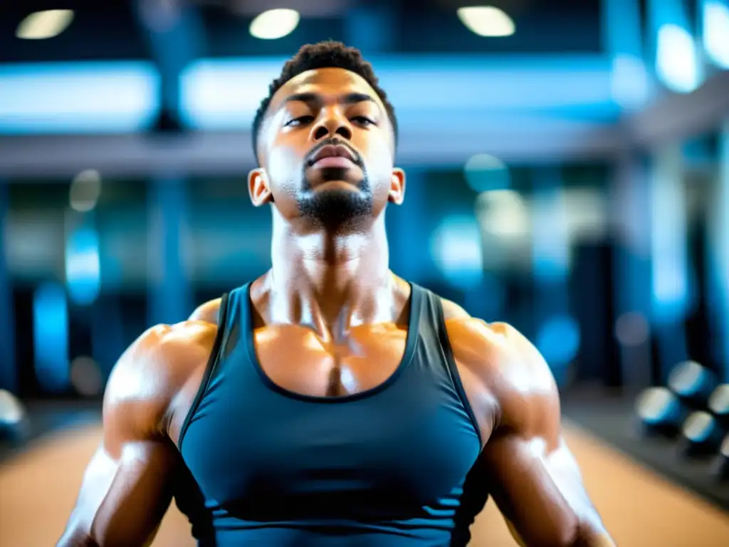 Persona enfocada practicando respiración adecuada para prevenir lesiones durante entrenamiento de fuerza en gimnasio moderno y espacioso