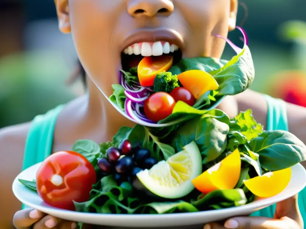 Persona disfrutando de una ensalada colorida, impacto alimentación en patrón respiratorio