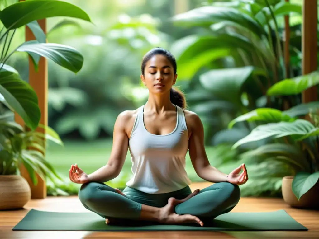 Una persona practica yoga en un entorno natural, respirando profundamente y relajándose