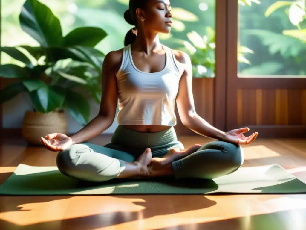 Una persona meditando en un entorno natural, con expresión serena y luz filtrada entre las hojas