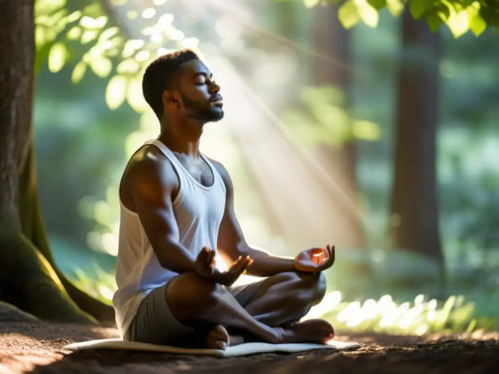 Persona meditando en un entorno natural, con luz suave entre árboles