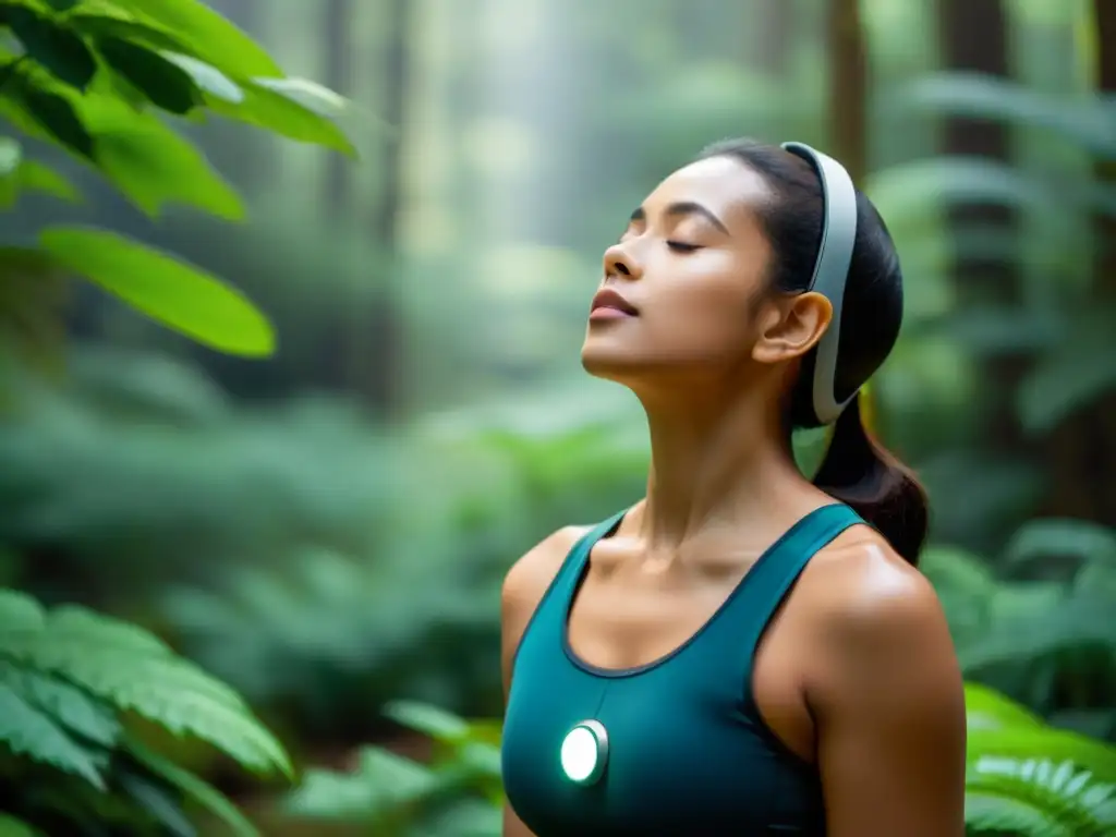 Una persona medita en un entorno natural con un moderno entrenador de respiración para meditación, evocando paz y armonía