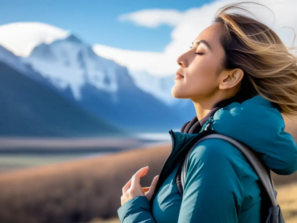 Persona respirando profundamente en entorno natural, con montañas nevadas al fondo, mostrando impacto climas extremos función pulmonar