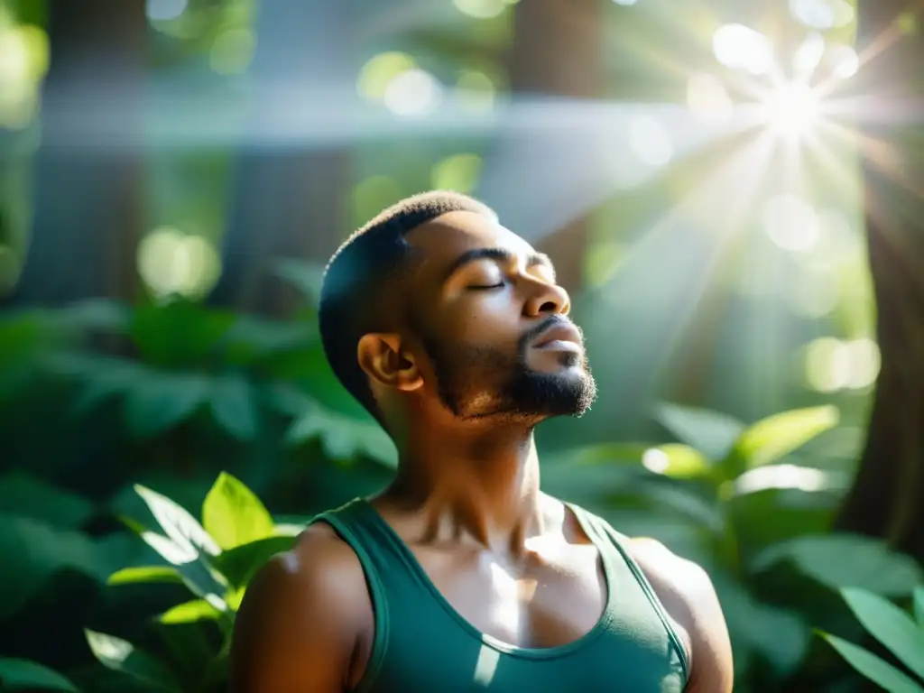 Persona en meditación en entorno natural, con ojos cerrados, expresando paz interior