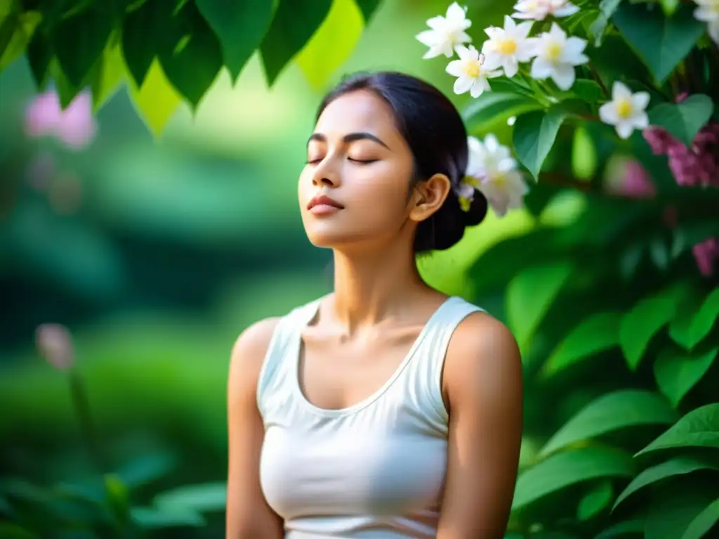 Persona meditando en un entorno natural, rodeada de vegetación exuberante y flores, evocando serenidad