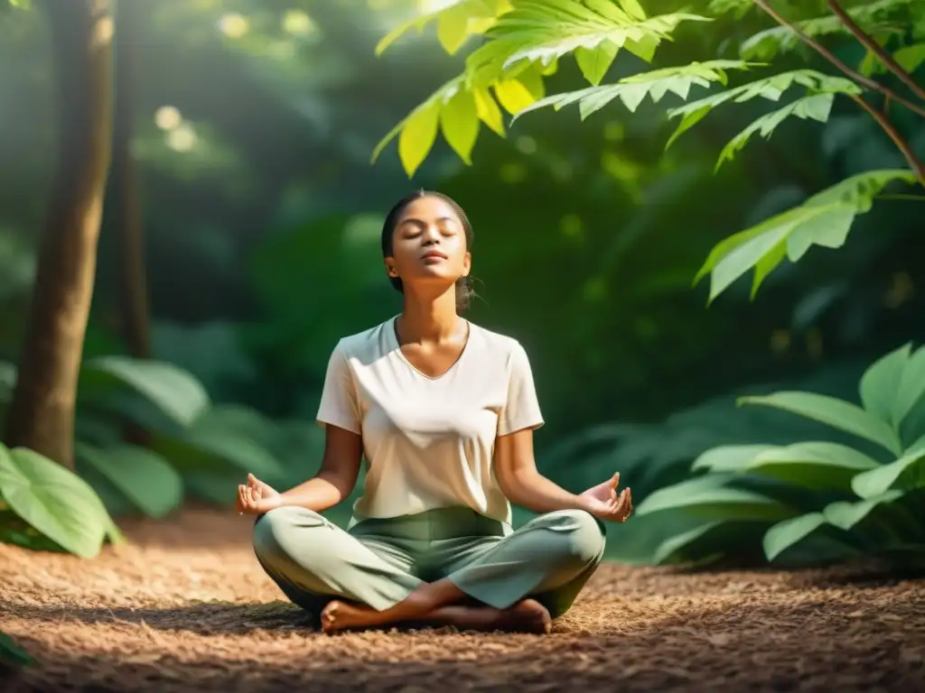 Persona en meditación, respirando profundamente en un entorno sereno y cálido, evocando beneficios para la psique