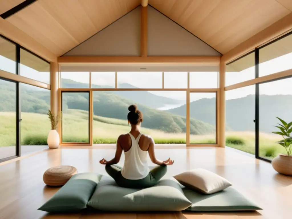 Persona practicando entrenamiento autógeno para bienestar mental en una sala de meditación moderna, con vista a la naturaleza y luz natural