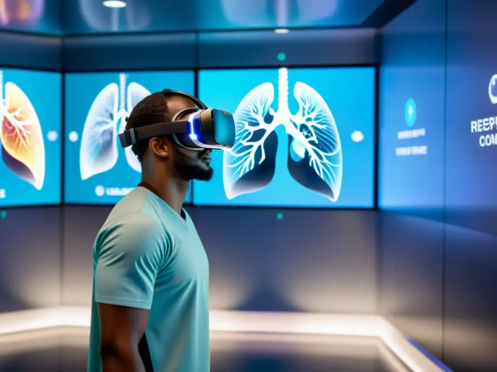 Persona usando un VR para entrenamiento respiratorio con realidad virtual en una sala futurista con hologramas de anatomía pulmonar