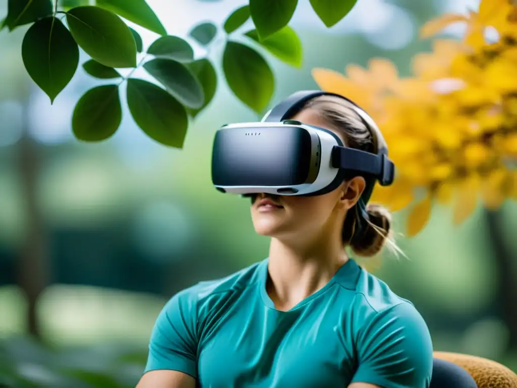 'Persona en entrenamiento respiratorio con realidad virtual en un entorno natural y sereno, demostrando técnicas de respiración controlada